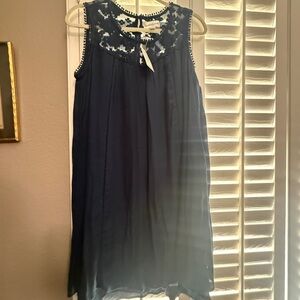 JohnPaulRichard Navy Lace Dress with Pom-Pom Trim